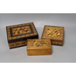 Three 19th century Tunbridge ware perspective cube marquetry boxes, largest 20cm