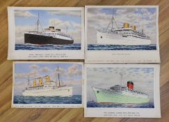 John Nicholson (1920-2003), four watercolours, Ocean liners, signed and titled, overall 21 x 31cm,