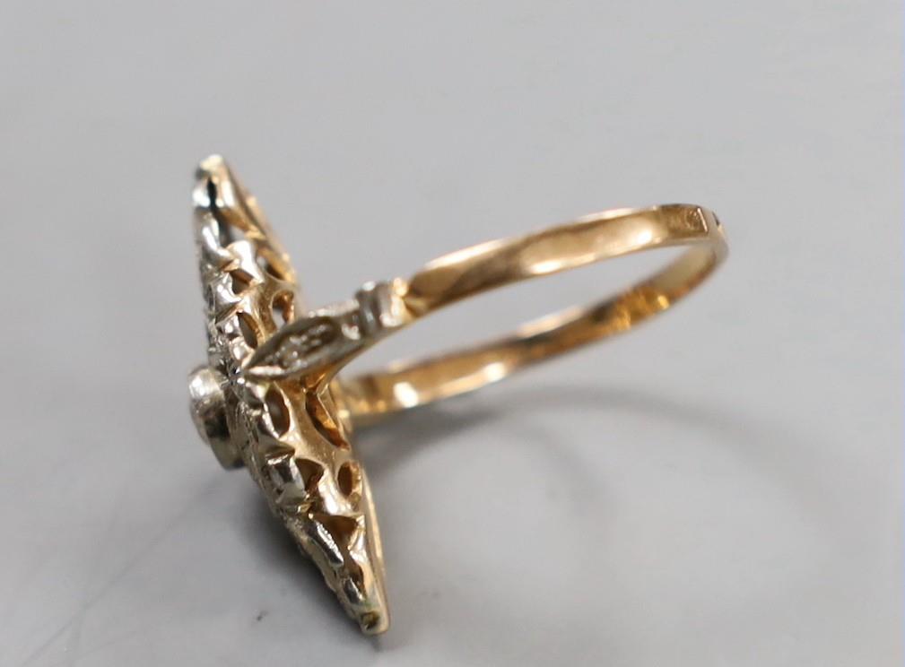 A 1950's Soviet 583 yellow metal (14k) and diamond set marquise cluster ring, size P/Q, gross weight - Image 2 of 3