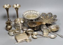 Assorted silver including a pair of posy vases, a small porringer, a pierced shallow bowl, a