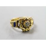 An early 19th century yellow metal (stamped 18), enamel and old cut diamond set ring, size J,