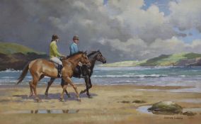 Derek Lucas, oil on board, Horse riders on the seashore, signed, 36 x 60cm