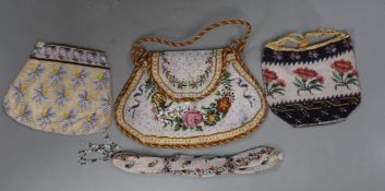 A 19th century shaped floral bead worked bag with corded edging and handle, an unusual bead worked