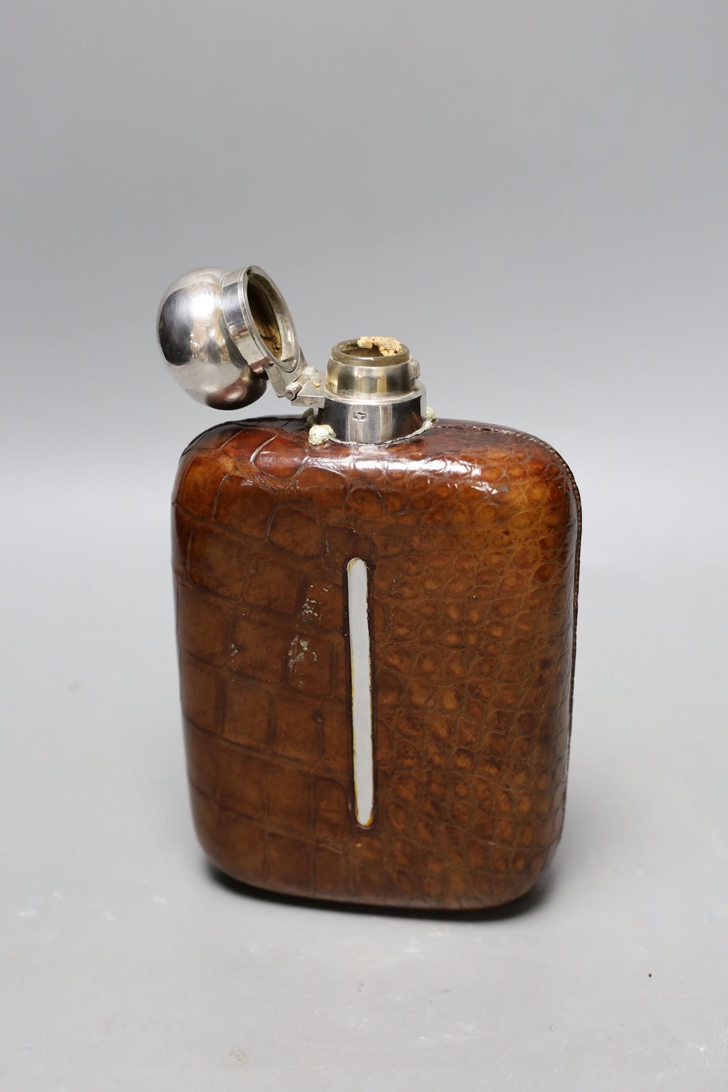James Dixon & Sons silver plate - mounted and crocodile skin hip flask (a.f.) - Image 2 of 2