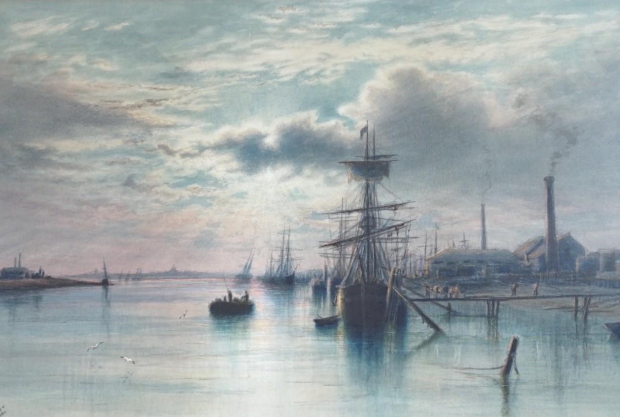 Frederick Miller (Exh c. 1880 - 1892), watercolour, Merchant ships moored in Shoreham harbour,