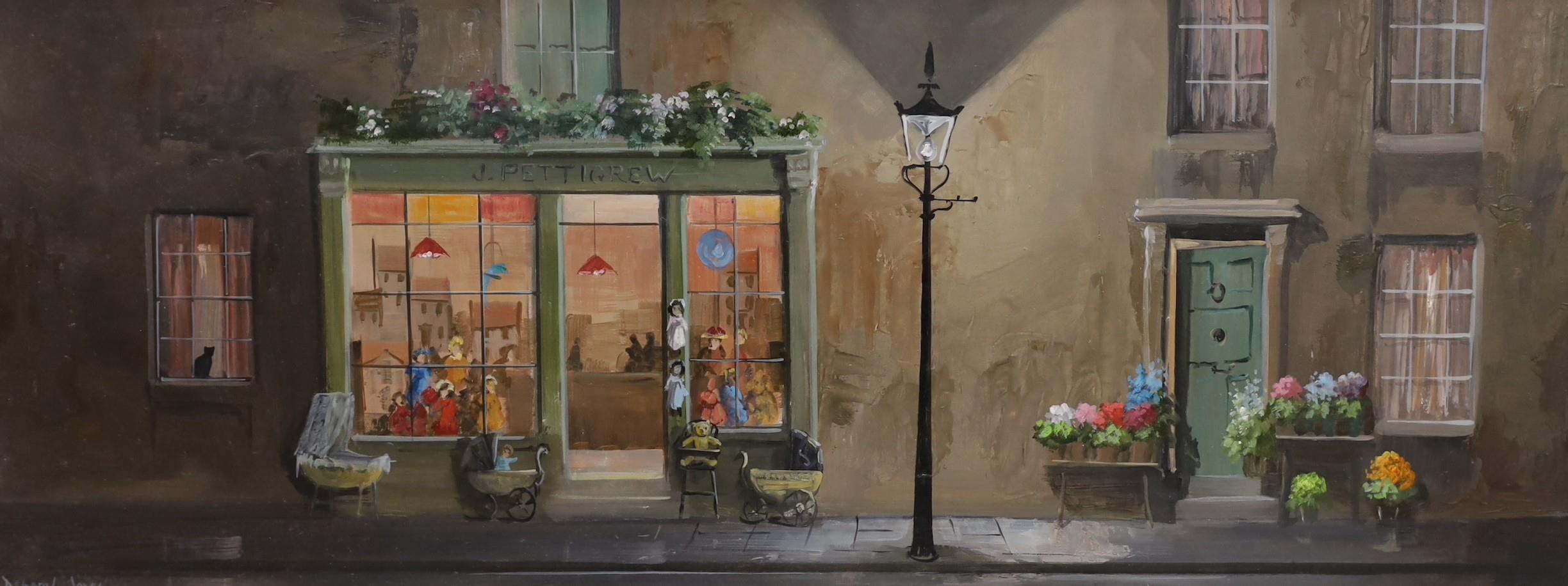 Deborah Jones (1921-2012), oil on panel, 'J Pettigrew's Toy Shop', signed, 29 x 75cm