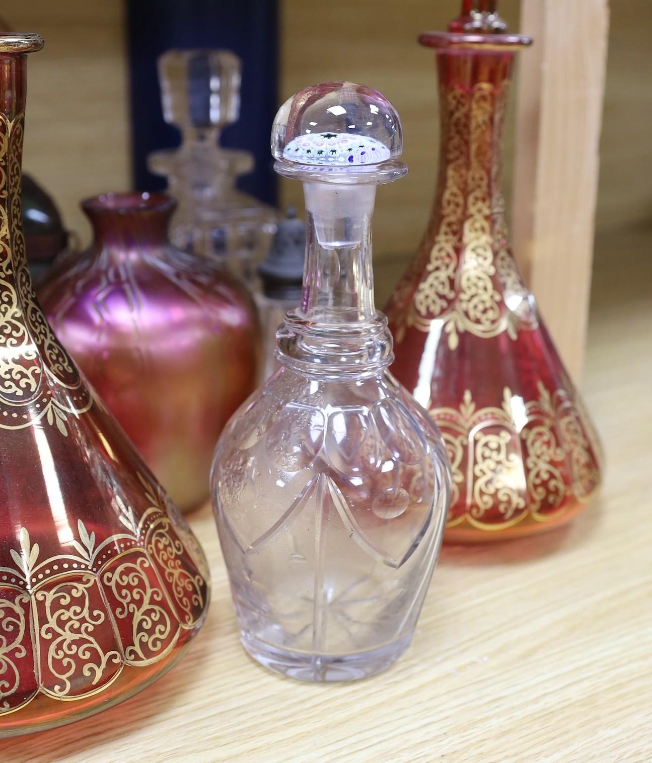 A pair of Bohemian gilded ruby glass decanters and stoppers, a Bohemian ‘millefiori paperweight’ - Image 3 of 5