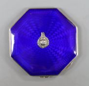 A George VI octagonal silver and blue enamel compact, with regimental appliqué, Birmingham, 1937,