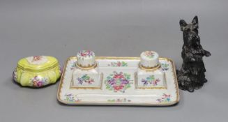 A Samson Paris inkstand and a porcelain box and cover and a porcelain model of a Scots terrier,