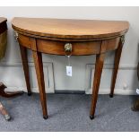 A George III and later banded mahogany demi lune folding card table, width 91cm, depth 45cm,