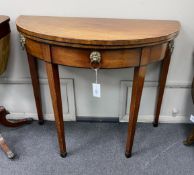 A George III and later banded mahogany demi lune folding card table, width 91cm, depth 45cm,