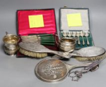 A small group of silver items including a tortoiseshell mounted hand mirror, London, 1917, two