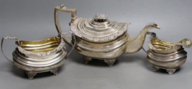 A George IV silver oval three piece tea set, by William Bateman, London, 1820/1/2, gross weight 41.