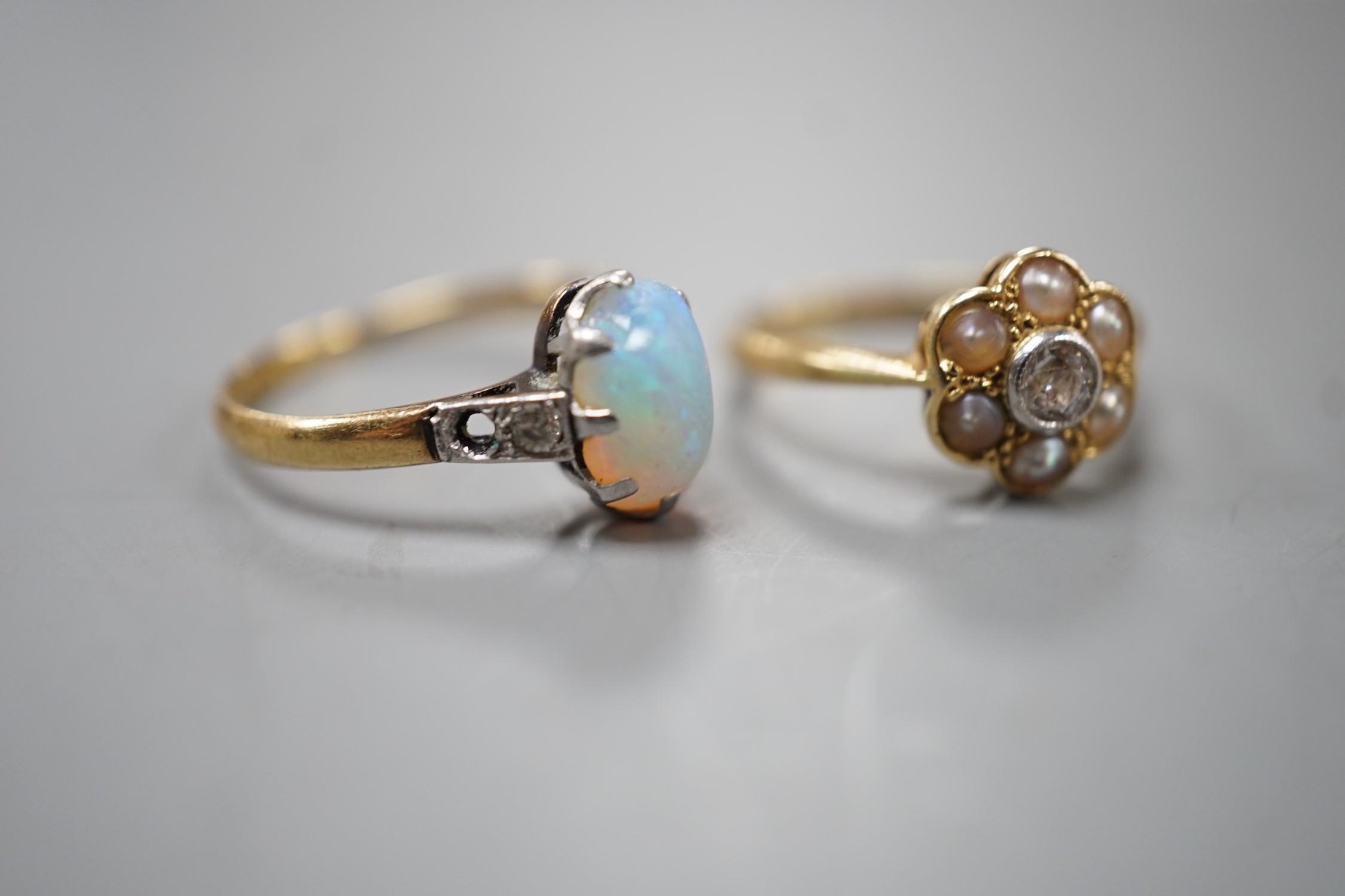 An 18ct and Plat, split pearl and diamond cluster set ring, size F/G and a similar white opal set - Image 4 of 5