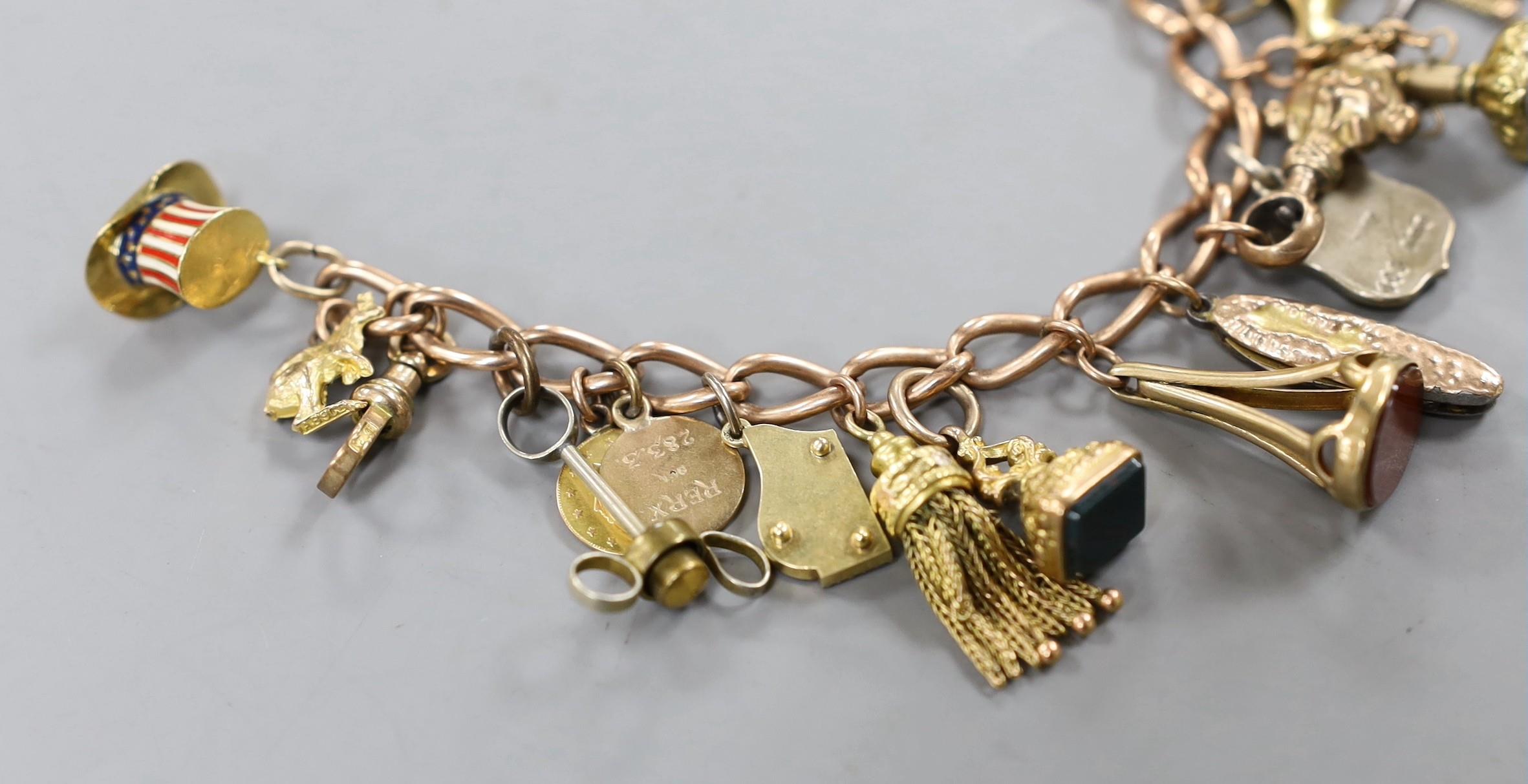 A 9ct charm bracelet, hung with assorted charms including two 9ct, silver and enamel, gilt metal and - Image 3 of 4