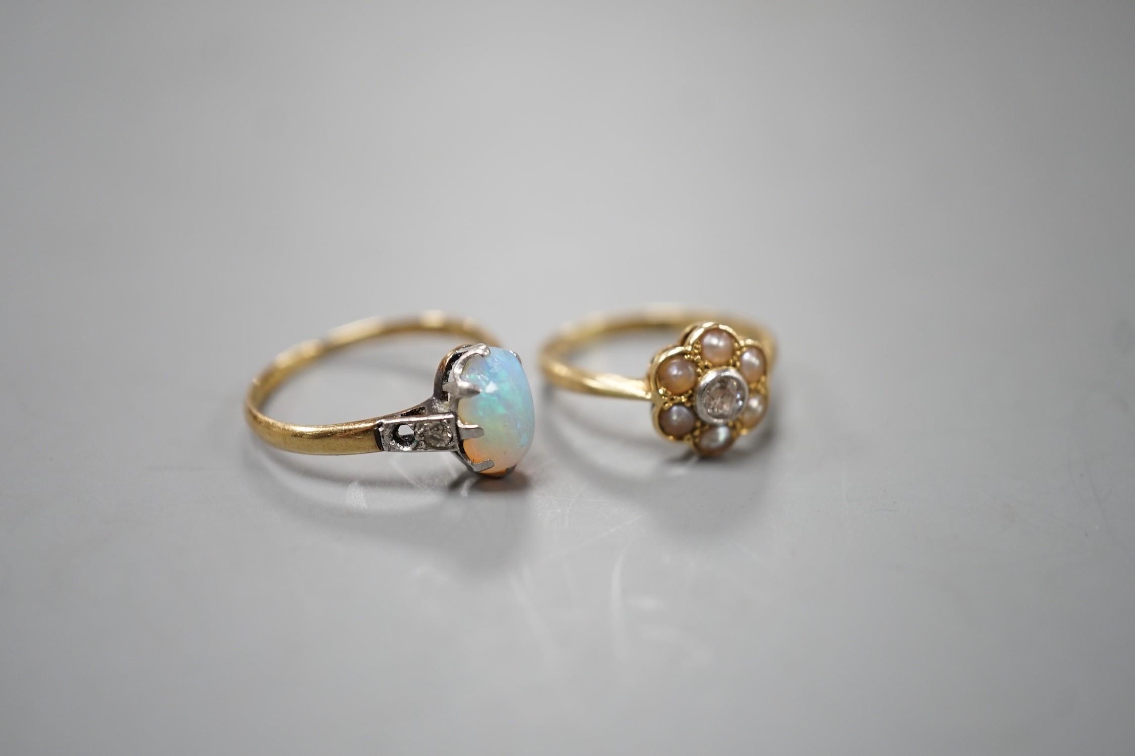 An 18ct and Plat, split pearl and diamond cluster set ring, size F/G and a similar white opal set - Image 2 of 5