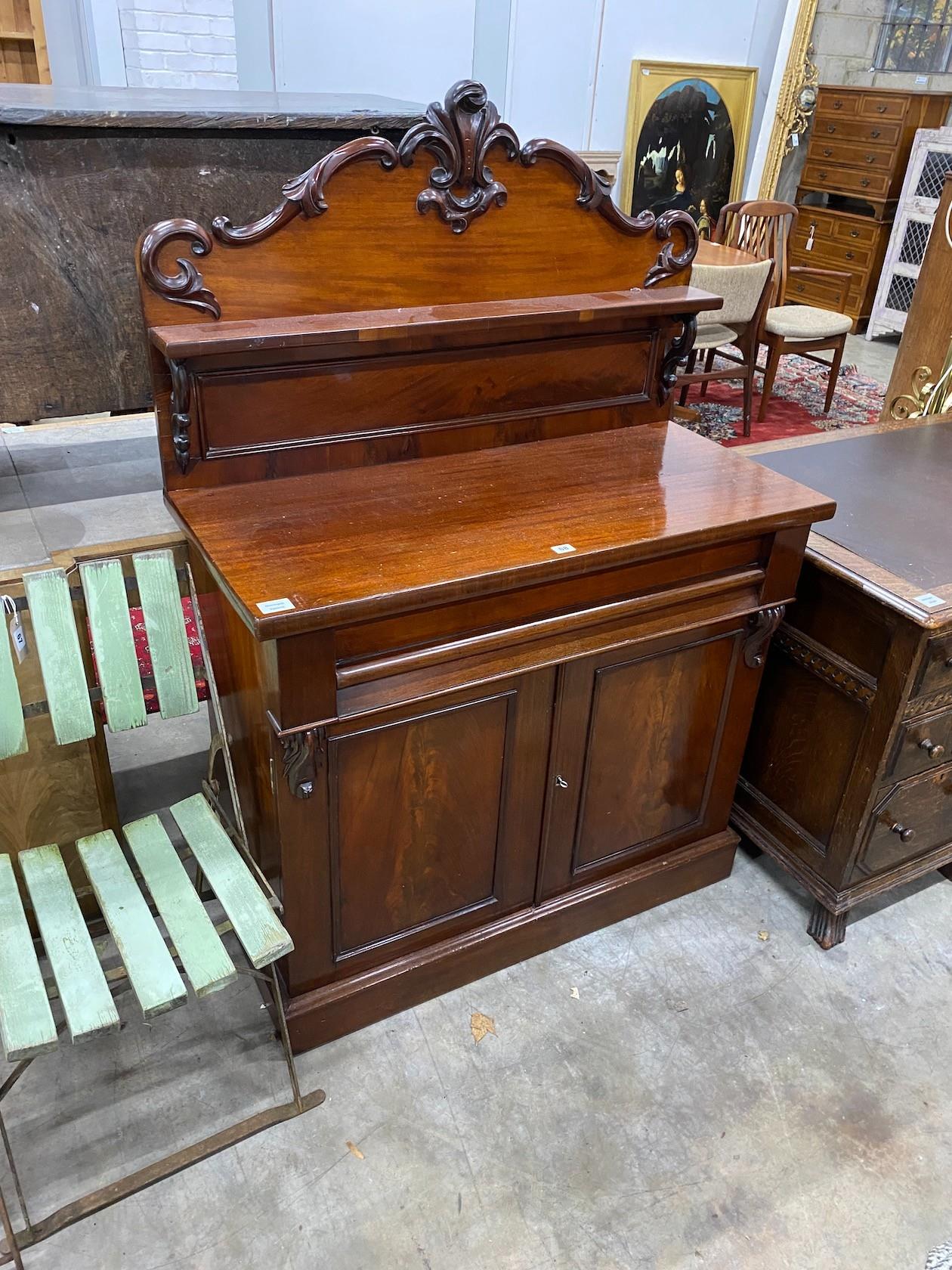 A small Victorian mahogany chiffonier, width 100cm, depth 46cm, height 140cm