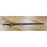 An 18th century European brass hilted sword and scabbard. 89cm long