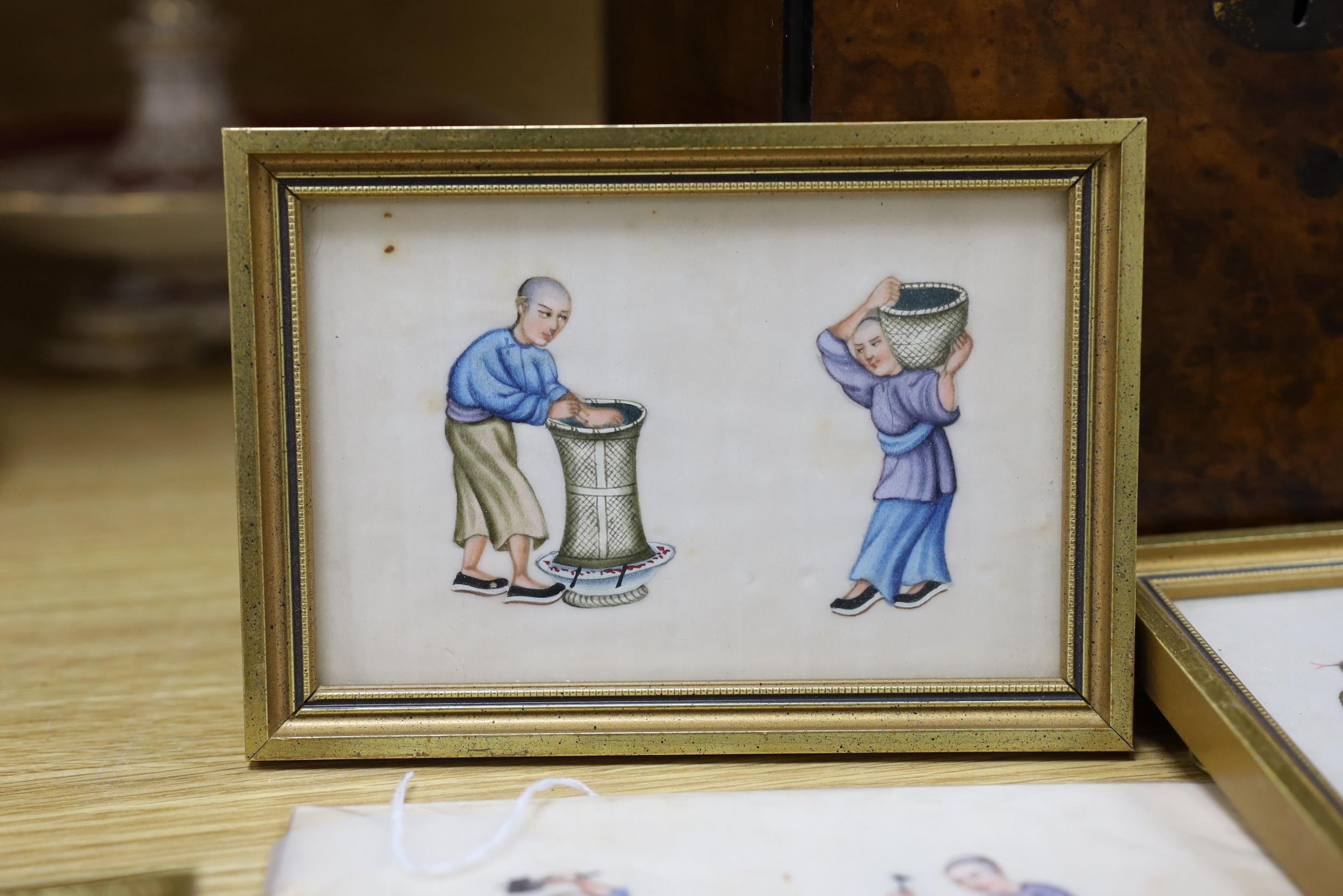 19th century Chinese School, four gouaches on pith paper, Studies of tea pickers, 9.5 x 14cm - Image 2 of 5