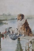 Raymond Sheppard (1913-1958), watercolour, Dogs upon a jetty, 45 x 29cm