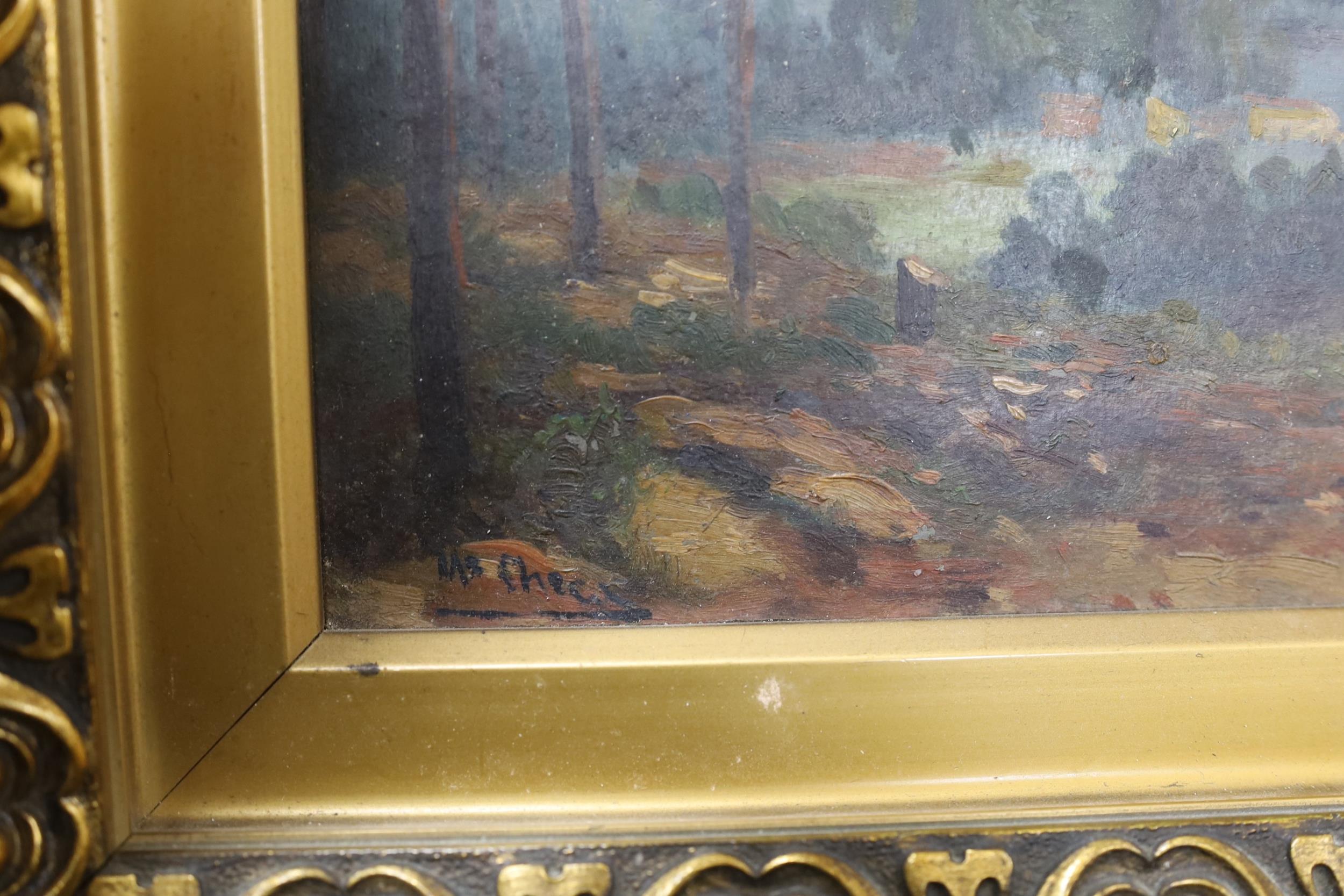 M.S. Checi, oil on wooden panel, Wooded landscape, signed, 15 x 23cm - Image 3 of 3