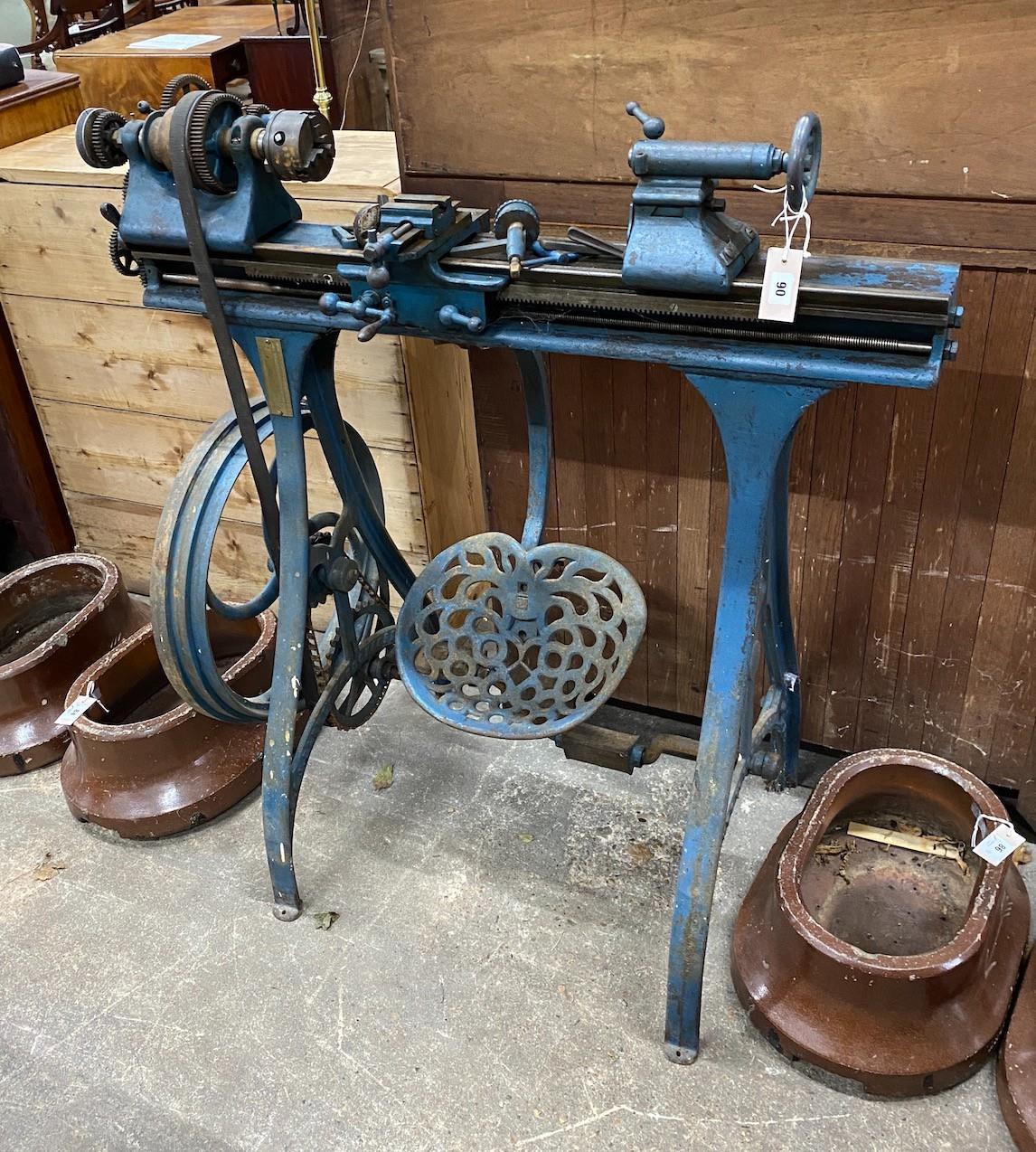 A Myford metalworkers lathe, with a three jaw chuck, width 108cm, height 116cm