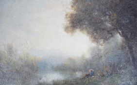 Robert Crannell Minor (American, 1839-1904), oil on panel, Ethereal river landscape, signed, 15 x