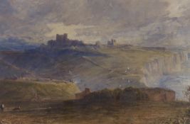 James Wilson Carmichael (1800-1868), watercolour, Dover Castle seen from the west, label verso, 23 x
