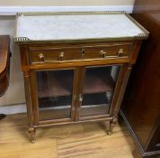 A pair of French brass mounted marble topped glazed mahogany pier cabinets, width 64cm, depth