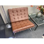 A pair of Barcelona style brown leather and chrome chairs, width 76cm, depth 78cm, height 73cm