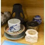 A Chinese blue and white planter, 10cm tall, together with a crackle glaze planter, a Chinese copper