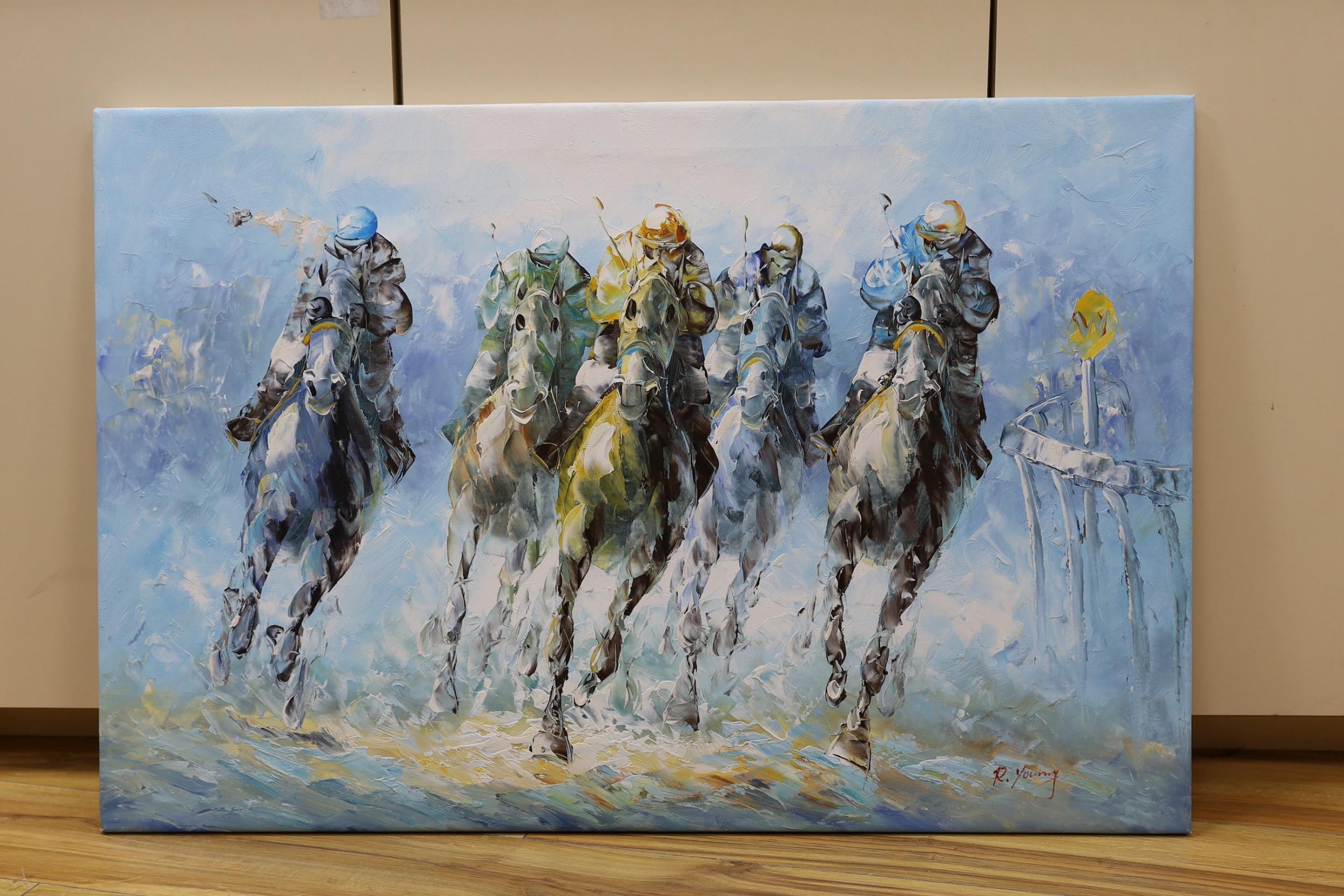 R. Young, oil on canvas, Racehorses taking a bend, signed, 61 x 91cm, unframed - Image 2 of 3