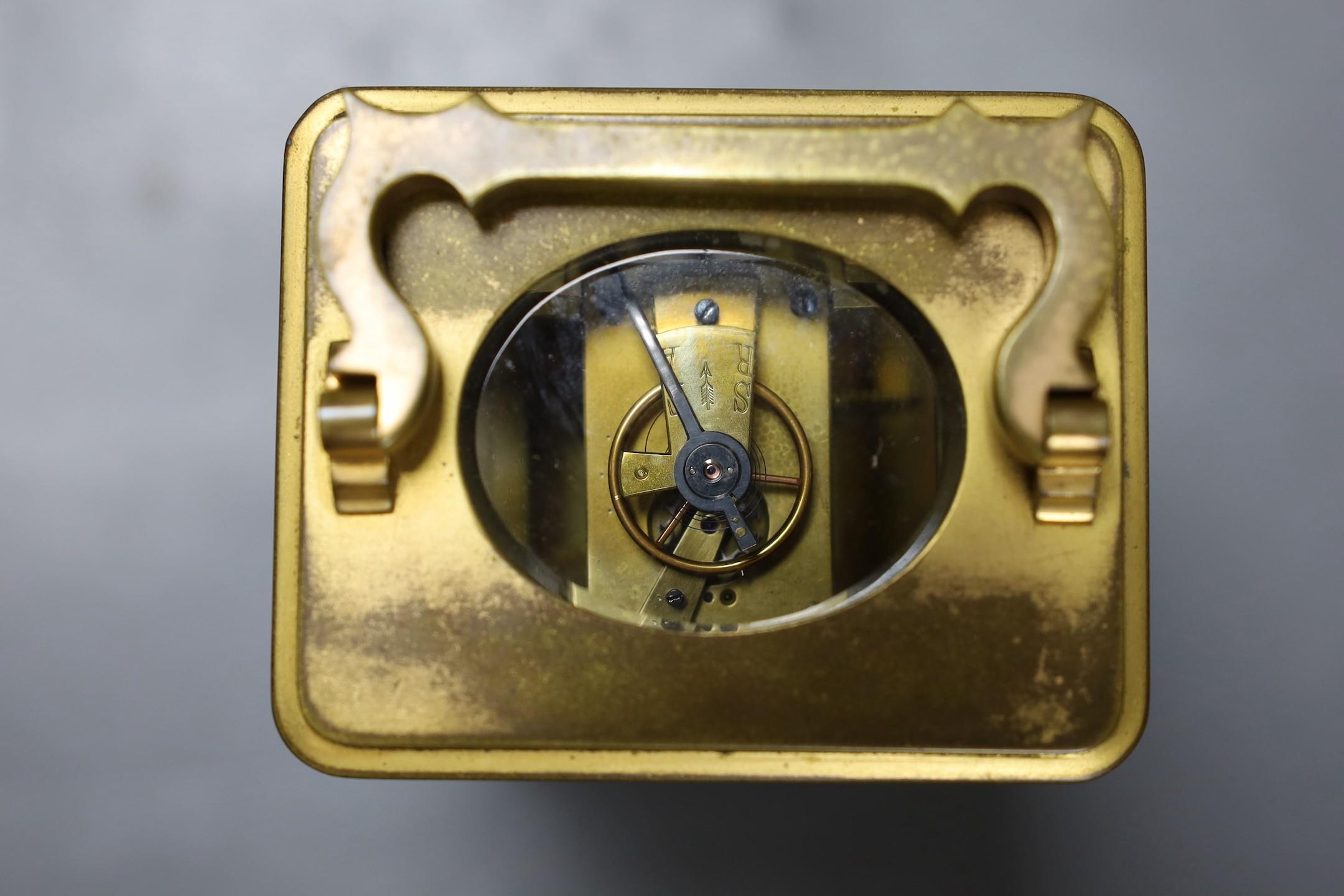 A leather cased brass carriage timepiece. 13cm tall - Image 5 of 5