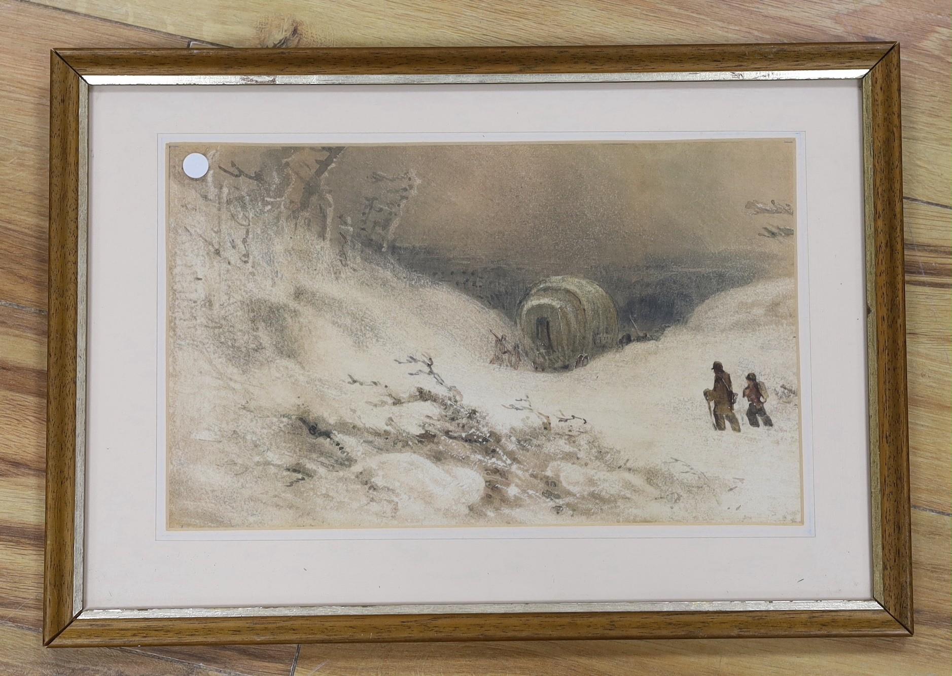 19th century English School, watercolour, Travellers in a winter landscape, 20 x 32cm - Image 2 of 2