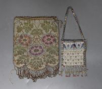 A fine multicoloured metal beaded bag, with shaped tasselled edge and a smaller similar worked purse