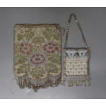 A fine multicoloured metal beaded bag, with shaped tasselled edge and a smaller similar worked purse