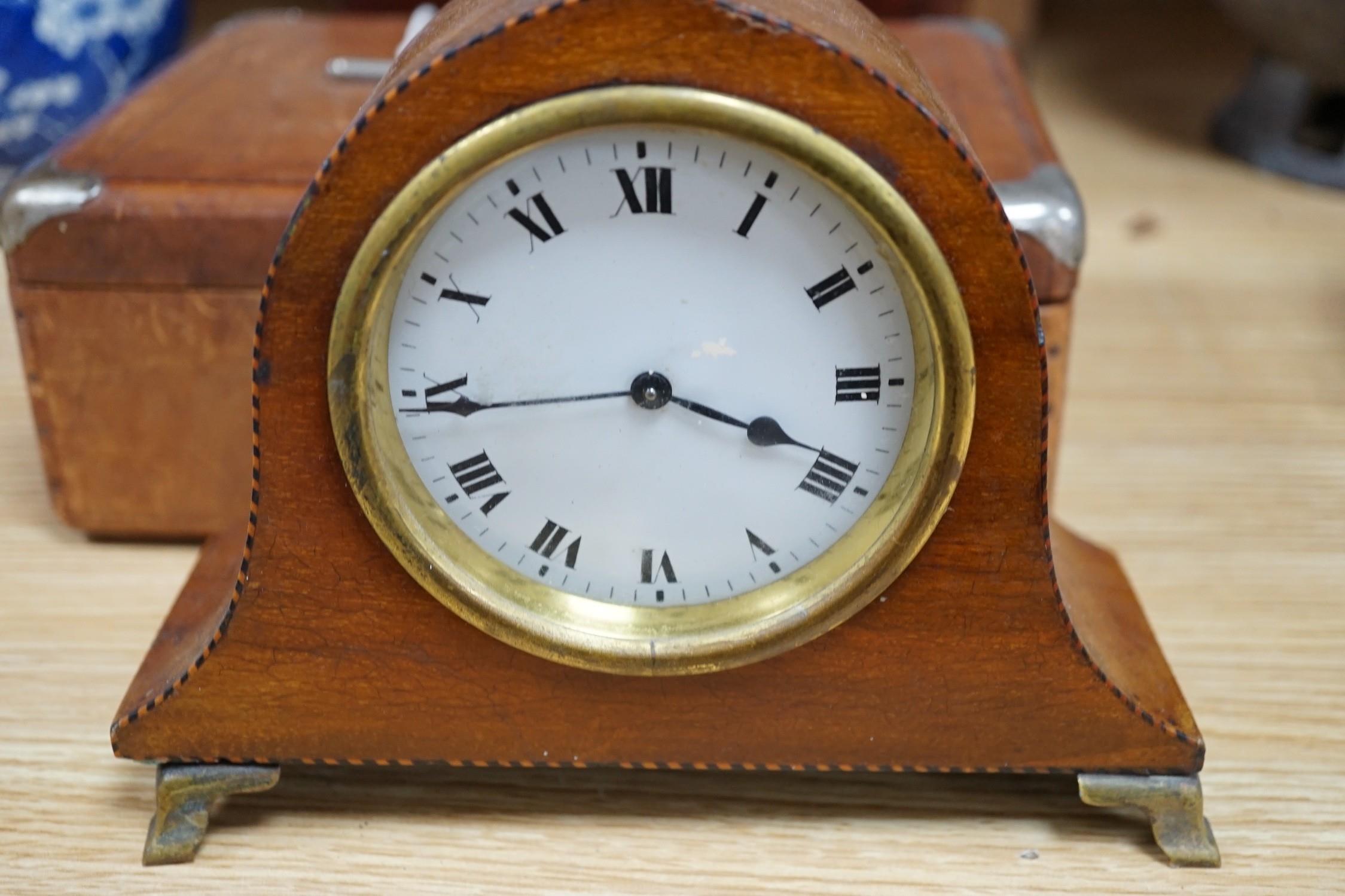 A 19th century mahogany tea caddy, writing slope, leather box and mantel clock, largest 30cm wide - Image 2 of 4