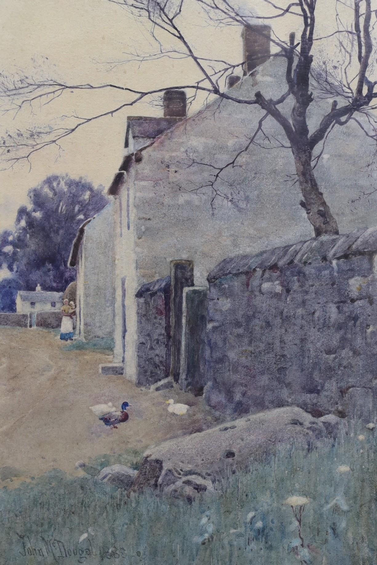 John McDougal (1851-1945), watercolour, Ducks beside cottages, signed and dated 1888, 24 x 16cm