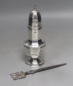 A George V silver octagonal silver sugar caster, Viners Ltd, Sheffield, 1933, 17.8cm and a Royal