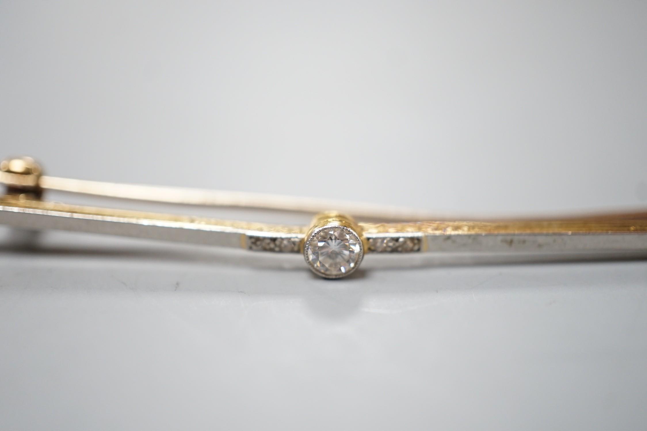 An Edwardian 15ct and single stone diamond set bar brooch, with diamond chip setting, 57mm, gross - Image 2 of 3