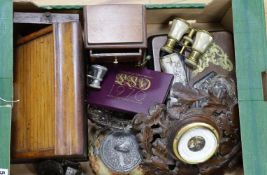 A Victorian brass mounted inkstand, tambour stationery rack and miscellaneous collectables