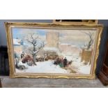 A large Victorian style oil on canvas depicting a church gathering, gilt framed, canvas width 176cm,