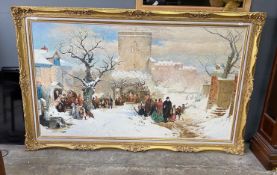 A large Victorian style oil on canvas depicting a church gathering, gilt framed, canvas width 176cm,