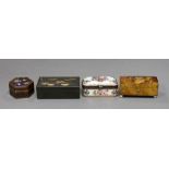 A Victorian tortoiseshell snuff box, porcelain box, enamel box and green lacquer box, largest