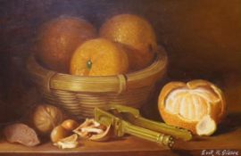 Erik W. Gleave, oil on board, Still life of oranges and walnuts, signed, 20 x 30cm