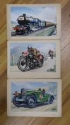 Roland Davies (1904-1993), three gouaches, Vintage transport, 'Legends of Speed', signed, 16 x 26cm,