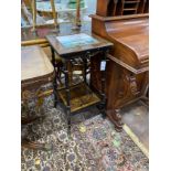 A 19th century French marquetry inlaid tiled top occasional table, painted with a storm shipping