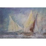 John Moody (b.1948), watercolour, Fishing boats off the coast, label verso, 27 x 38cm