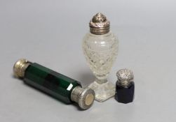 A Victorian silver mounted double ended green glass scent bottle, 13.8cm, a Georgian silver topped