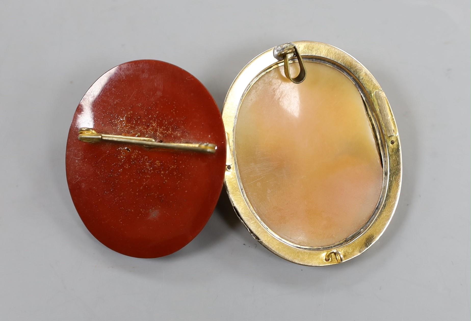 Two cameo brooches including yellow metal mounted cameo shell, carved with the bust of a lady to - Image 2 of 2